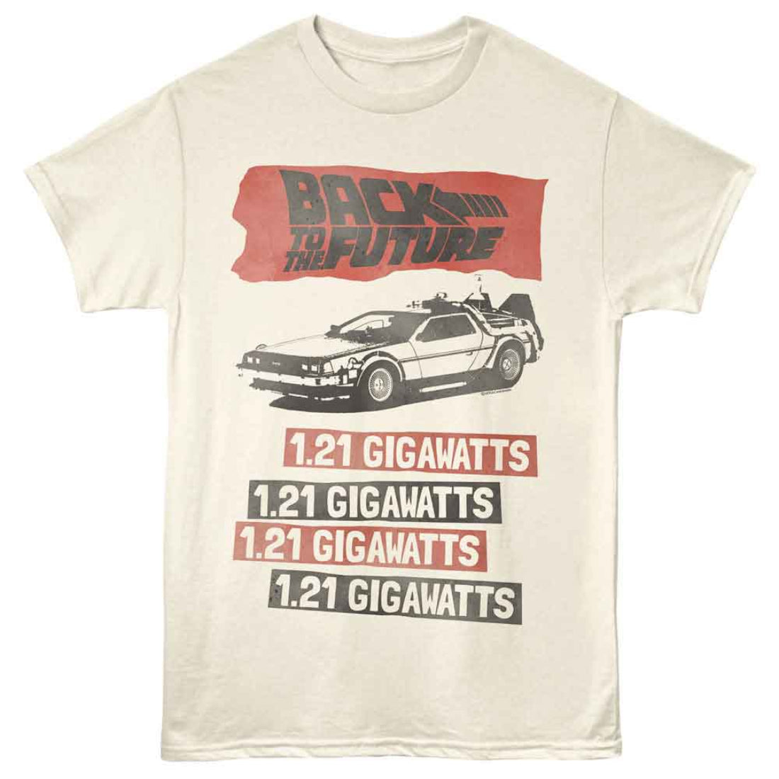 Beige t-shirt with 'Back to the Future' Delorean design and text on a white background