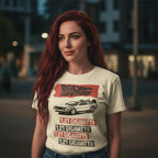 WOMAN WEARING Beige t-shirt with 'Back to the Future' Delorean design and text  BTF5464S, BTF5464M, BTF5464L, BTF5464XL, BTF5464XXL, BTF5464XXXL, BTF5464XXXXL