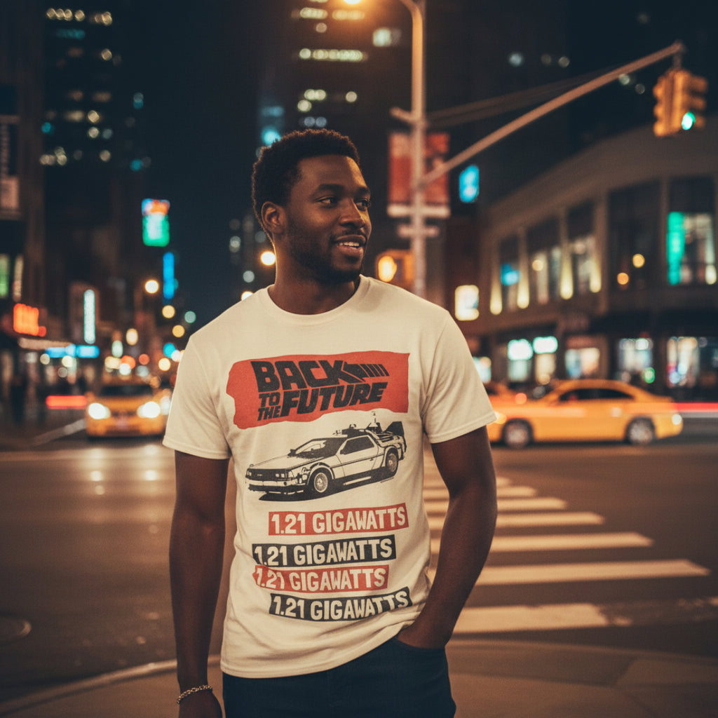 MAN WEARING Beige t-shirt with 'Back to the Future' Delorean design and text BTF5464S, BTF5464M, BTF5464L, BTF5464XL, BTF5464XXL, BTF5464XXXL, BTF5464XXXXL