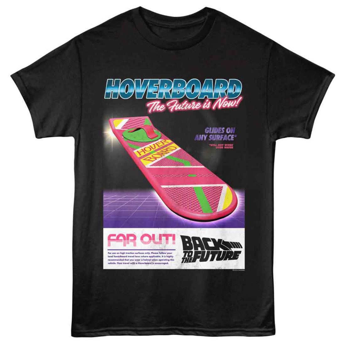 Black t-shirt with 'Back to the Future' hoverboard graphic and text.