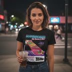 GIRL WEARING Black t-shirt with 'Back to the Future' hoverboard graphic and text. BTF5465S, BTF5465M, BTF5465L, BTF5465XL, BTF5465XXL, BTF5465XXXL, BTF5465XXXXL, BTF5465XXXXXL