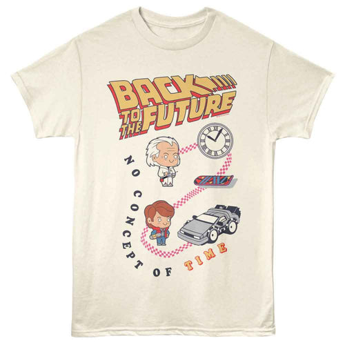 Beige t-shirt with 'Back to the Future' graphic design featuring a clock, car, and characters.