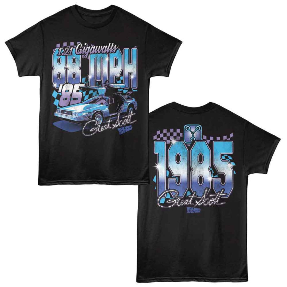 Black t-shirt with 'Back to the Future' themed design featuring a car and text on a white background.