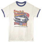 T-shirt with 'Back to the Future' design featuring a time machine and text on a white background