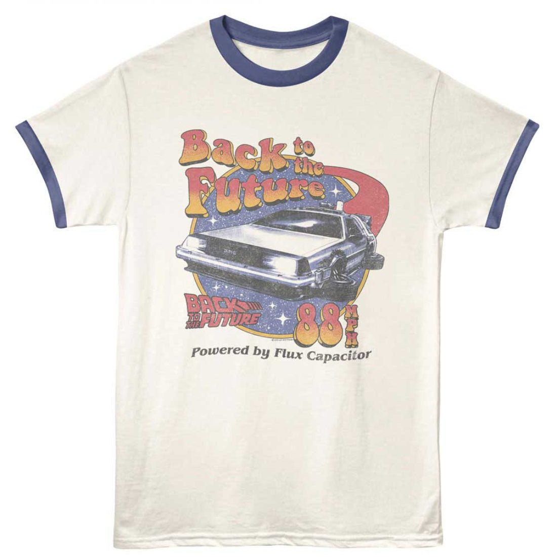 T-shirt with 'Back to the Future' design featuring a time machine and text on a white background