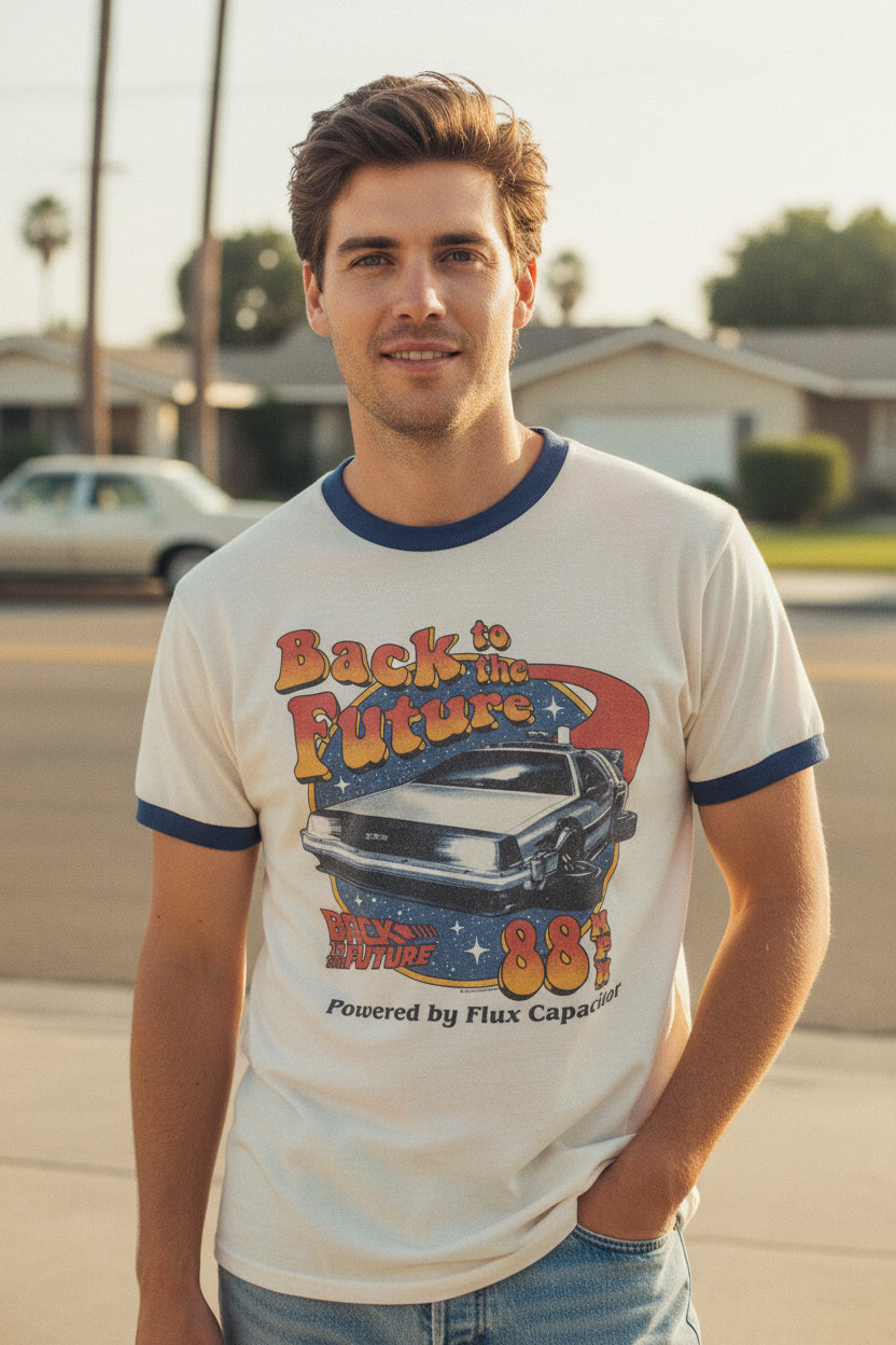 Back to the Future - Retro Logo Vintage White Ringer T-Shirt