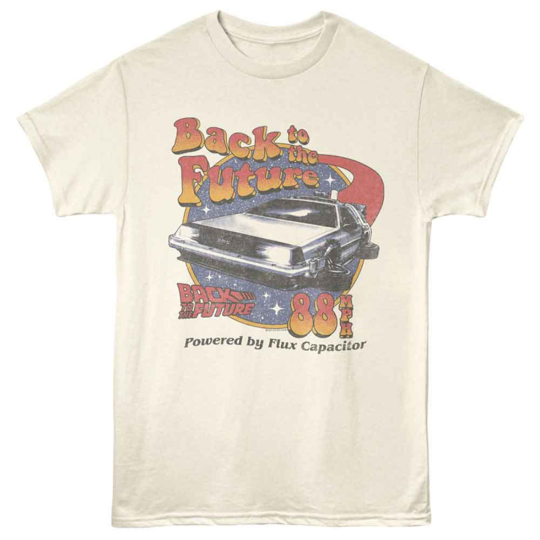 Beige t-shirt with 'Back to the Future' graphic design featuring a DeLorean time machine.