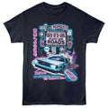Black Back to the Future t-shirt with a futuristic design featuring a hovercar and text on a white background