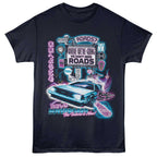 Black Back to the Future t-shirt with a futuristic design featuring a hovercar and text on a white background