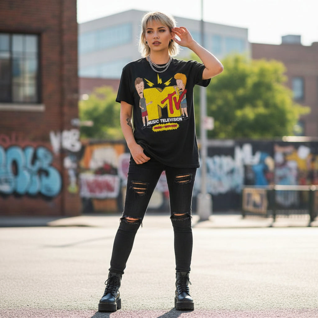 WOMAN WEARING BEAVIS AND BUTTHEAD MTV ROCKS SHIRT BVBU547S, BVBU547M, BVBU547L, BVBU547XL, BVBU547XXL, BVBU547XXXL, BVBU547XXXXL, BVBU547XXXXXL