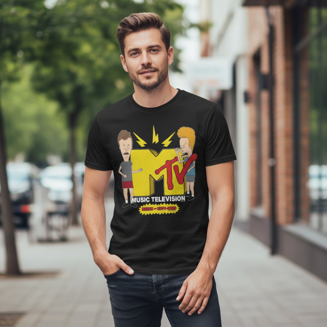 MAN WEARING BEAVIS AND BUTTHEAD MTV ROCK SHIRT BVBU547S, BVBU547M, BVBU547L, BVBU547XL, BVBU547XXL, BVBU547XXXL, BVBU547XXXXL, BVBU547XXXXXL