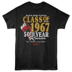 Black Carrie Movie t-shirt with 'Bates High School Class of 1967 50th Year Reunion' text and graphics on a white background
