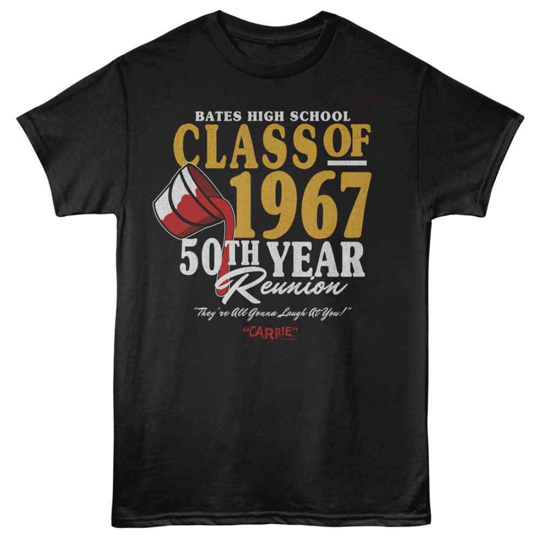 Black Carrie Movie t-shirt with 'Bates High School Class of 1967 50th Year Reunion' text and graphics on a white background