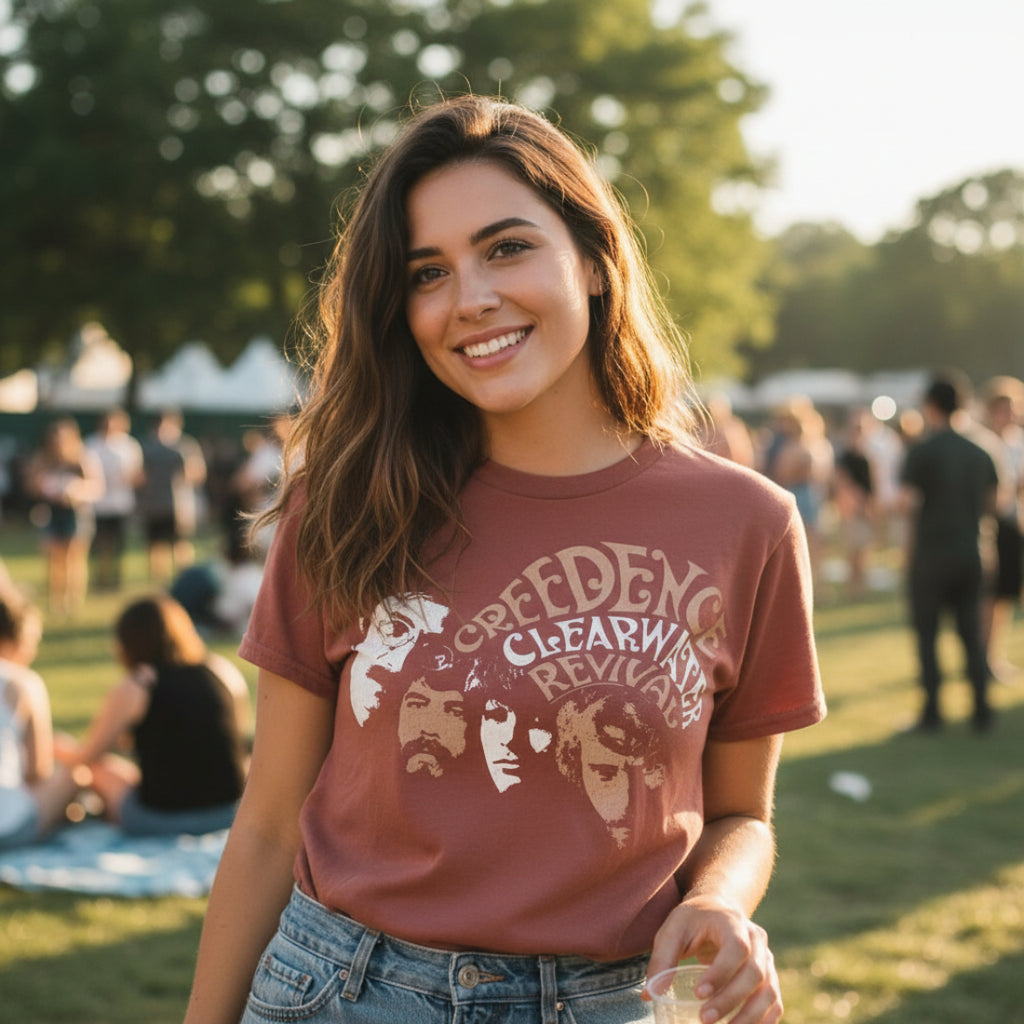 WOMAN WEARING Red t-shirt with 'Creedence Clearwater Revival' graphic CCR528S, CCR528M, CCR528L, CCR528XL, CCR528XXL