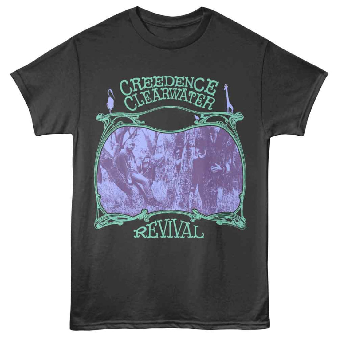 Black t-shirt with Creedence Clearwater Revival graphic design on a white background