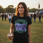 WOMAN WEARING Black t-shirt with Creedence Clearwater Revival graphic design  CCR530S, CCR530M, CCR530L, CCR530XL, CCR530XXL