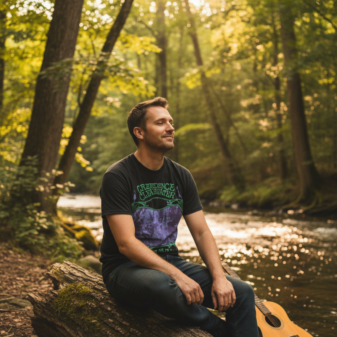 MAN WEARING Black t-shirt with Creedence Clearwater Revival graphic design  CCR530S, CCR530M, CCR530L, CCR530XL, CCR530XXL