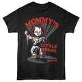 Black t-shirt with a graphic of a character holding an axe and text 'Mommy's Little Angel Chucky' on a white background.