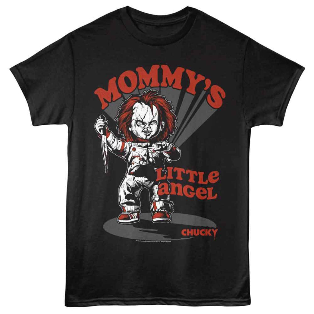 Black t-shirt with a graphic of a character holding an axe and text 'Mommy's Little Angel Chucky' on a white background.