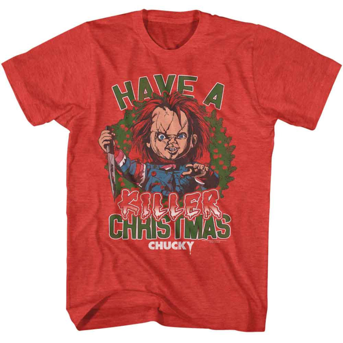 Red t-shirt with Chucky graphic and 'Have a Killer Christmas Chucky' text on a white background