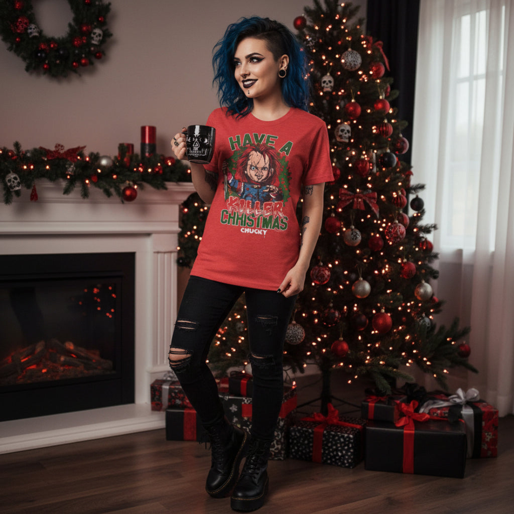 WOMAN WEARING Red t-shirt with Chucky graphic and 'Have a Killer Christmas Chucky' text CHK537S, CHK537M, CHK537L, CHK537XL, CHK537XXL, CHK537XXXL, CHK537XXXXL, CHK537XXXXXL