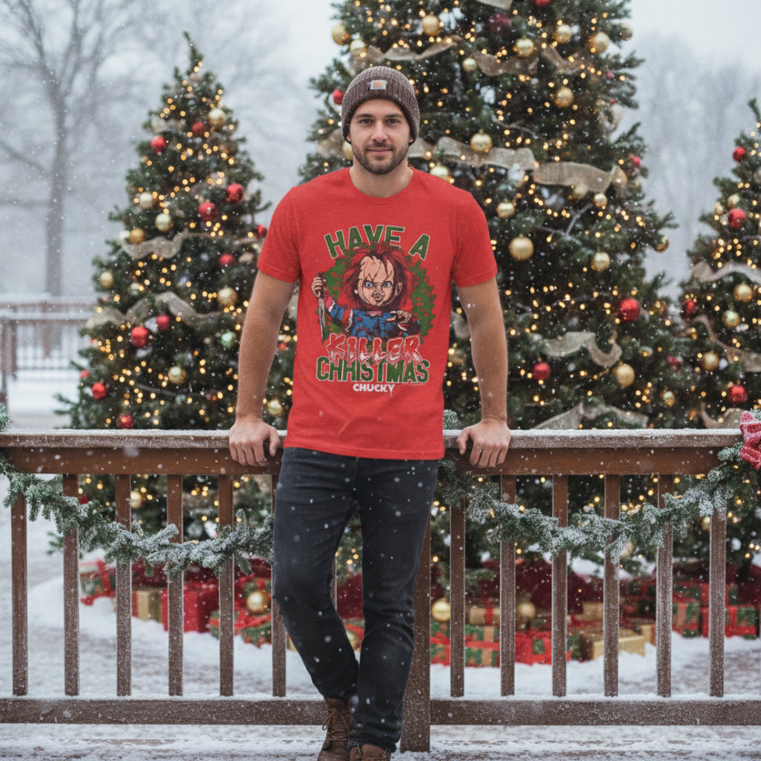 MAN WEARING Red t-shirt with Chucky graphic and 'Have a Killer Christmas Chucky' text CHK537S, CHK537M, CHK537L, CHK537XL, CHK537XXXL, CHK537XXXXL, CHK537XXXXXL