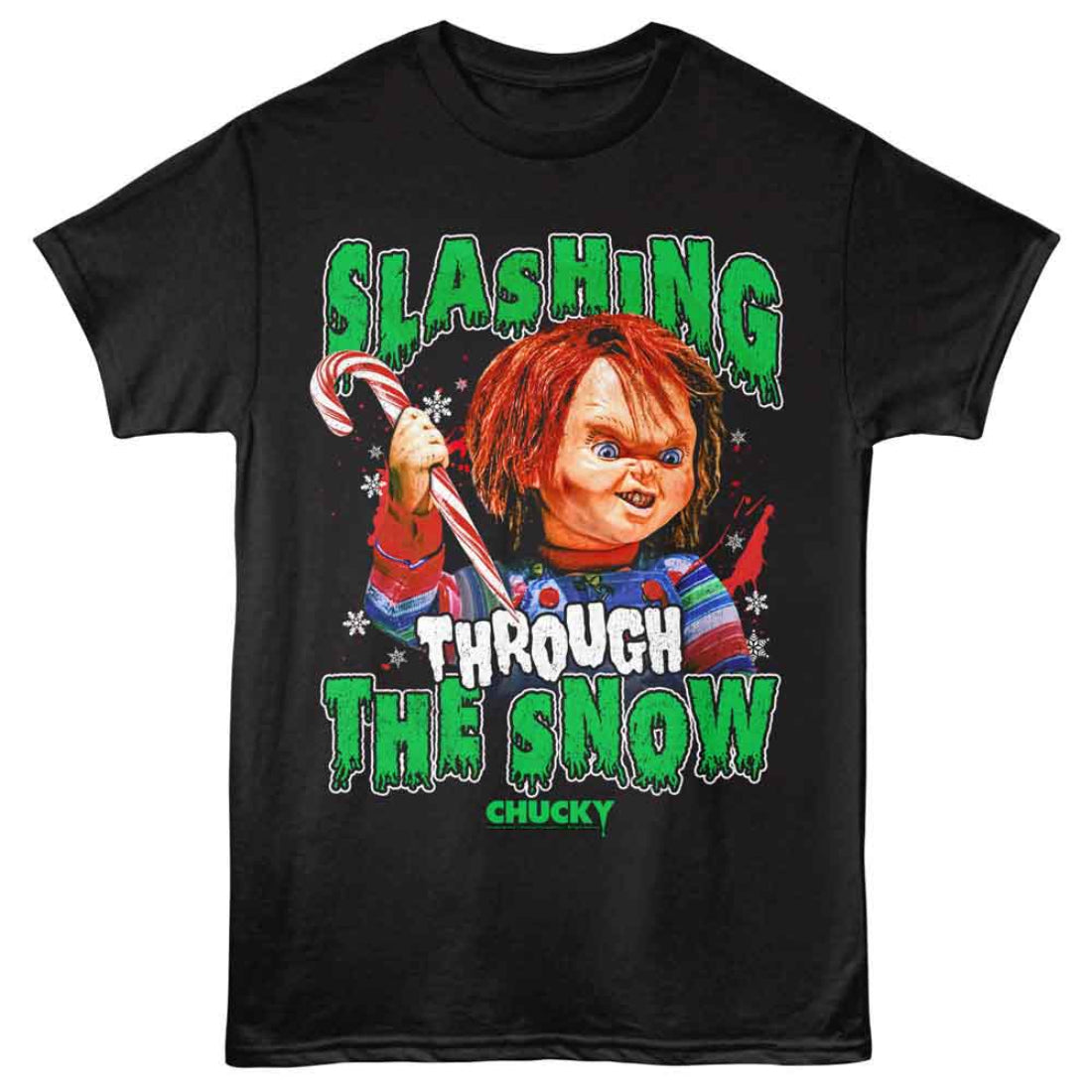 Black t-shirt with Chucky graphic and text 'Slashing Through The Snow' on a white background