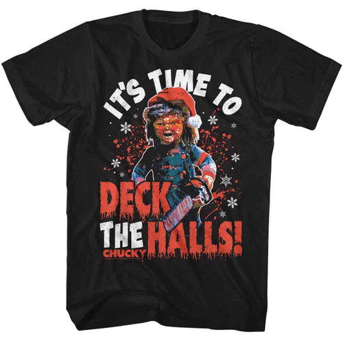 Black t-shirt with graphic design featuring a character and text 'It's time to deck the halls! Chucky' on a white background.