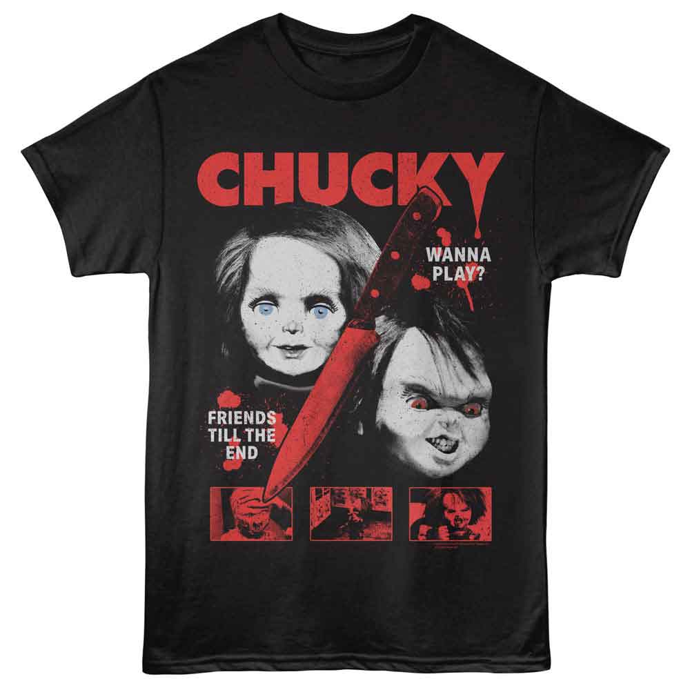 Black t-shirt with 'Chucky' graphic design featuring a knife and character faces.