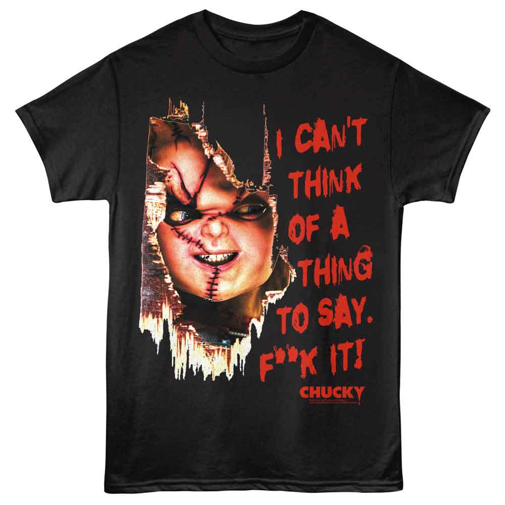 Black Chucky t-shirt with a graphic design of Chucky's face and text on a white background
