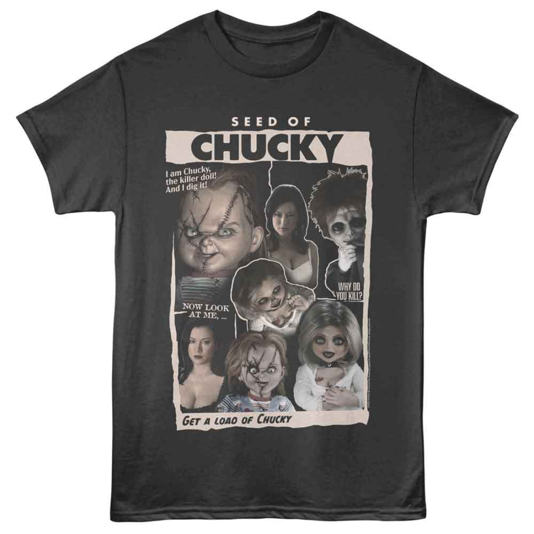 Black t-shirt with 'Seed of Chucky' graphic design featuring characters and text.