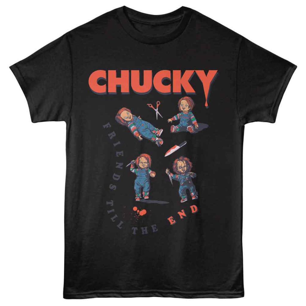 Black t-shirt with Chucky graphic and text 'Friends Till The End' on a white background