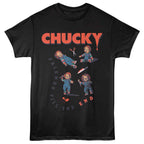 Black t-shirt with Chucky graphic and text 'Friends Till The End' on a white background