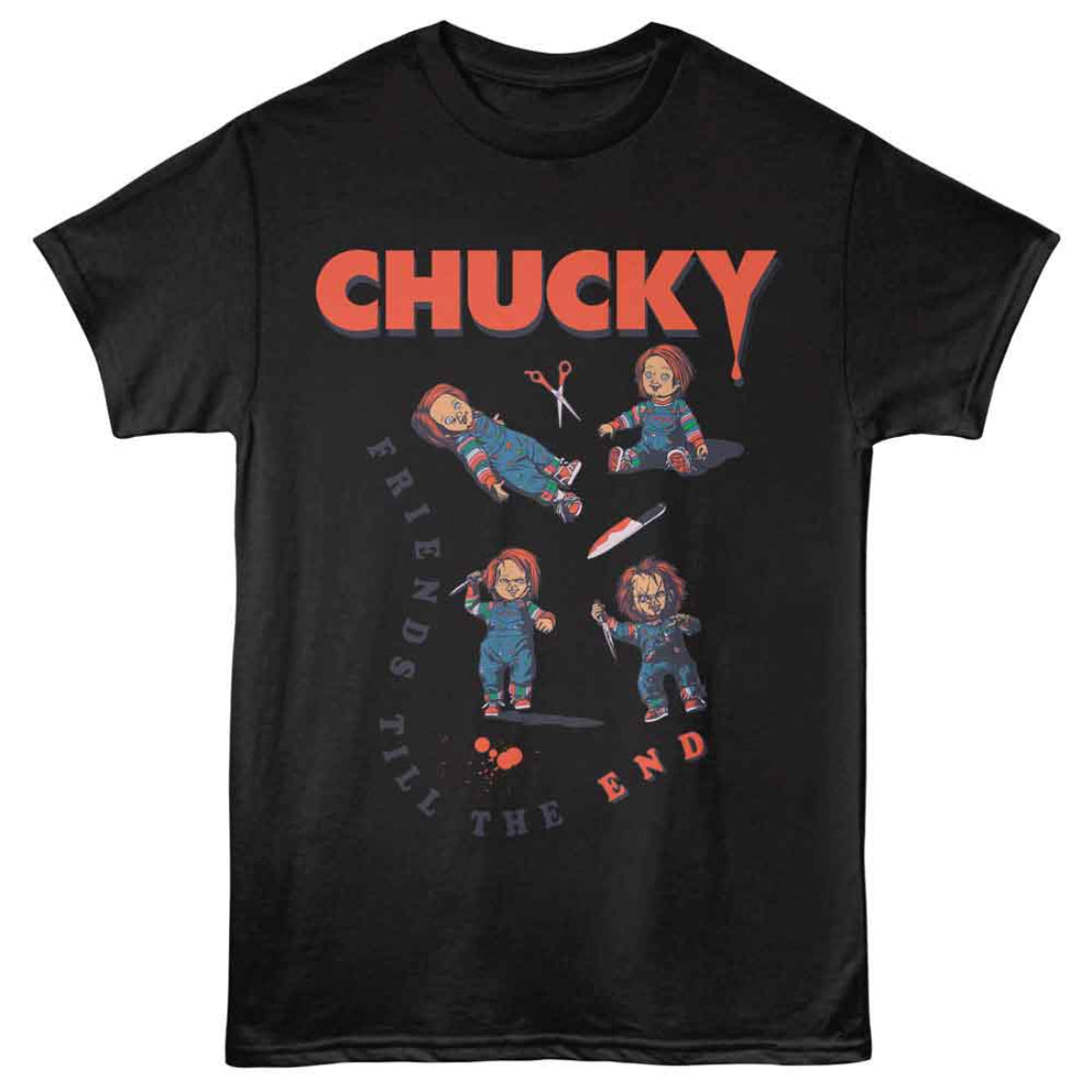 Black t-shirt with Chucky graphic and text 'Friends Till The End' on a white background