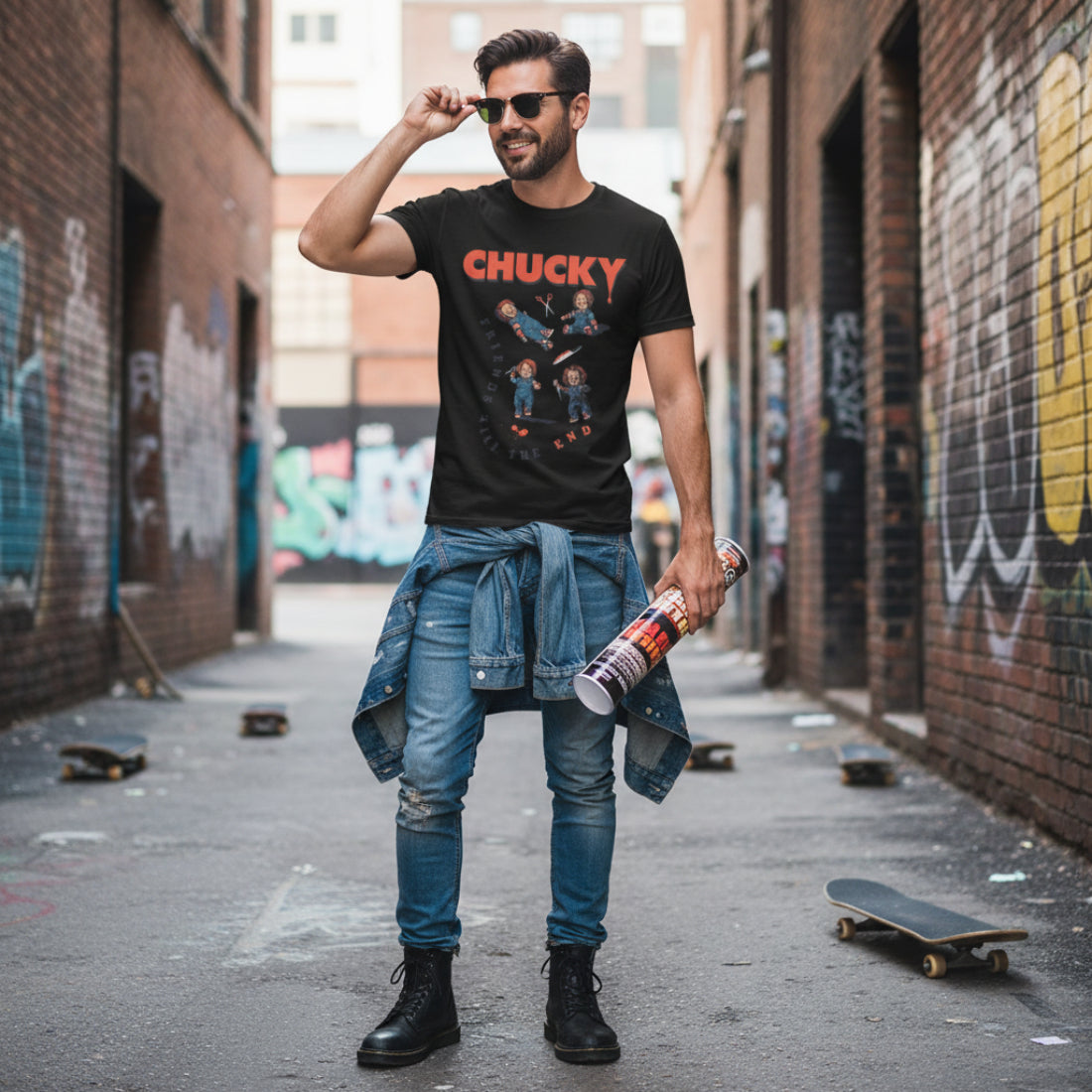 Black t-shirt with Chucky graphic and text 'Friends Till The End'  CHK544S, CHK544M, CHK544L, CHK544XL, CHK544XXL, CHK544XXXL, CHK544XXXXL, CHK544XXXXXL