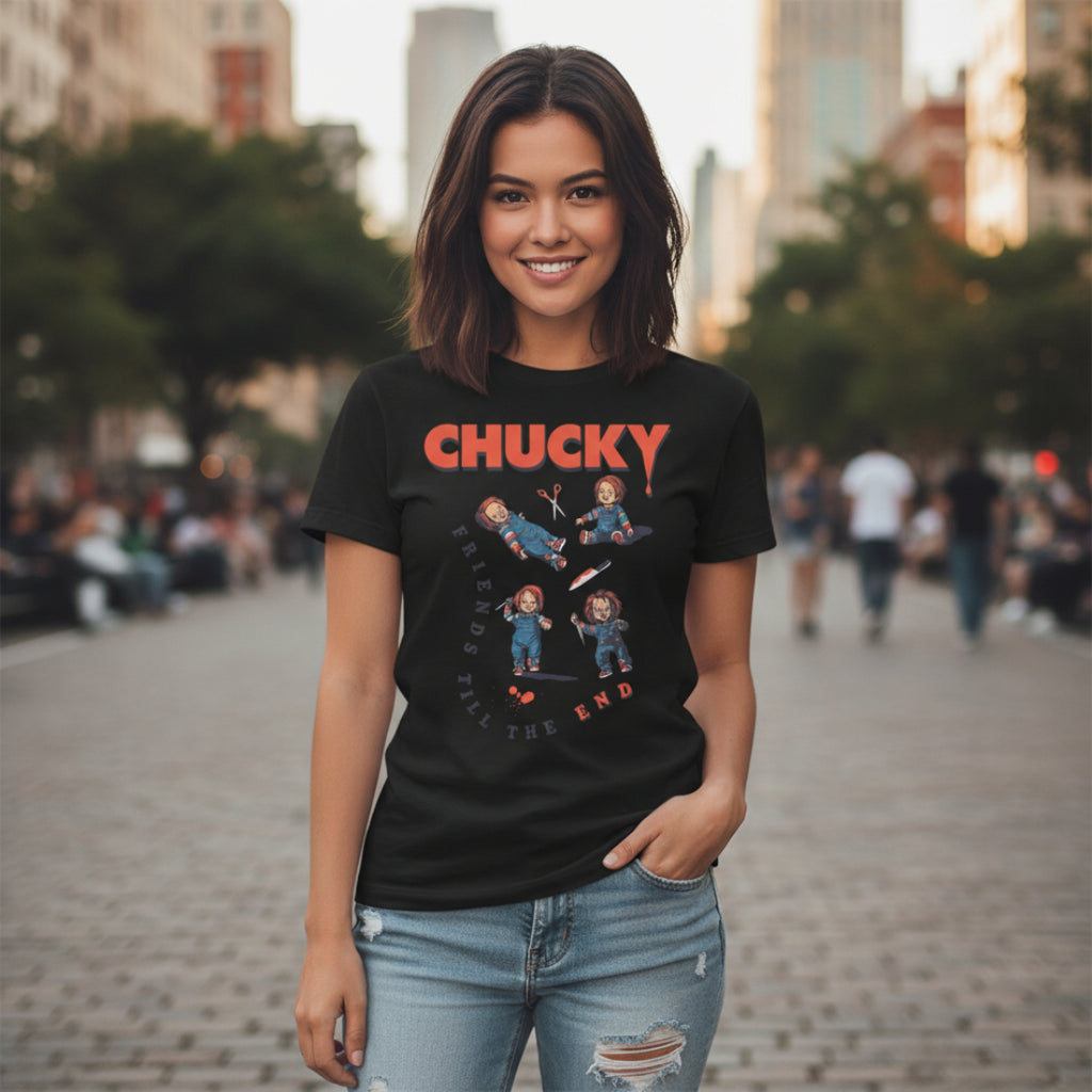 WOMAN WEARING Black t-shirt with Chucky graphic and text 'Friends Till The End'  CHK544S, CHK544M, CHK544L, CHK544XL, CHK544XXL, CHK544XXXL, CHK544XXXXL, CHK544XXXXXL