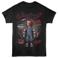 Black t-shirt with Chucky graphic and text on a white background