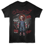 Black t-shirt with Chucky graphic and text on a white background