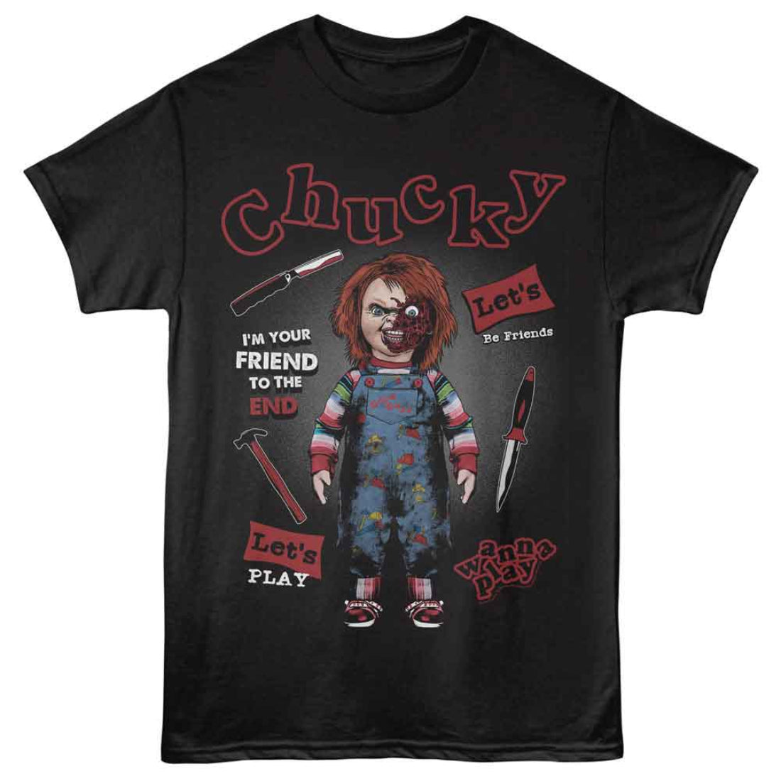 Black t-shirt with Chucky graphic and text on a white background