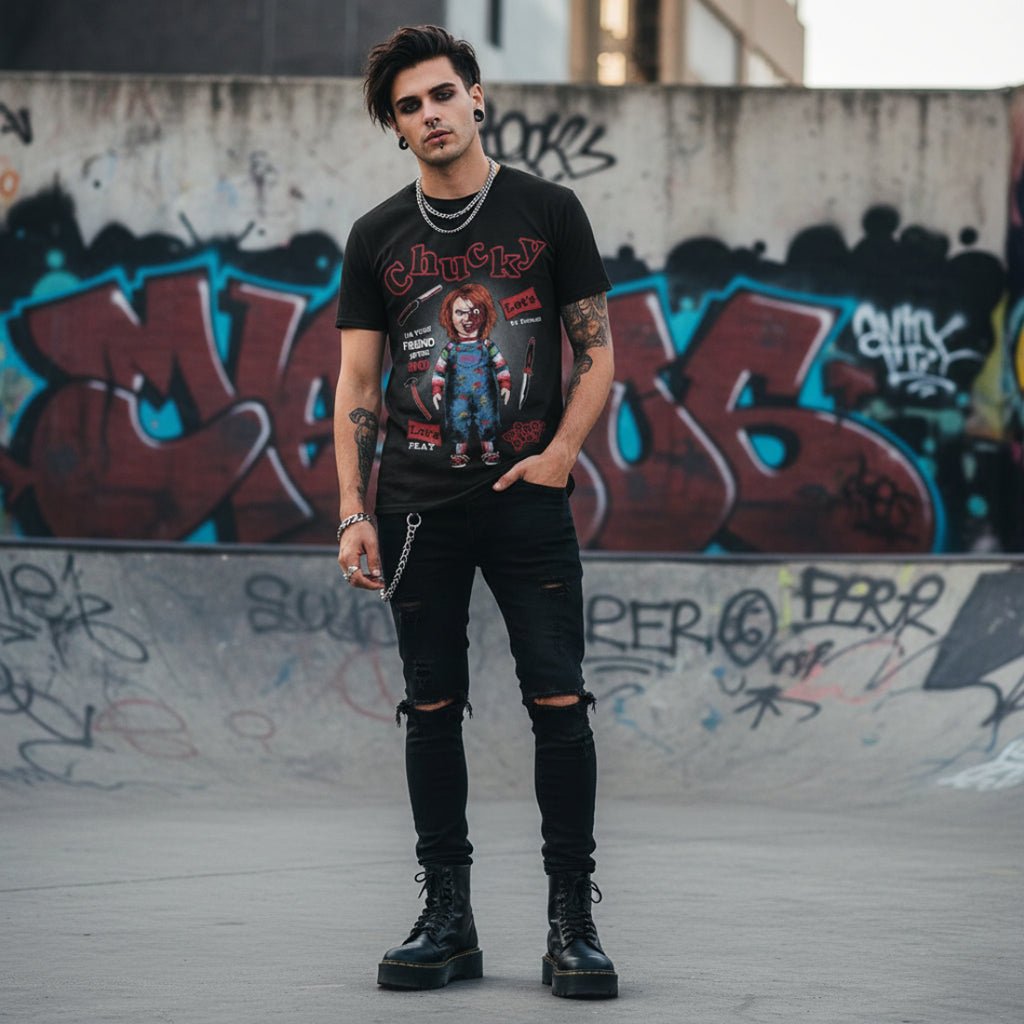 MAN WEARING Black t-shirt with Chucky graphic and text  CHK545S, CHK545M, CHK545L, CHK545XL, CHK545XXL, CHK545XXXL, CHK545XXXXL, CHK545XXXXXL