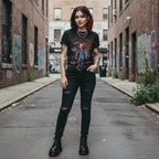 Woman wearing Black t-shirt with Chucky graphic and text CHK545S, CHK545M, CHK545L, CHK545XL, CHK545XXL, CHK545XXXL, CHK545XXXXL, CHK545XXXXXL
