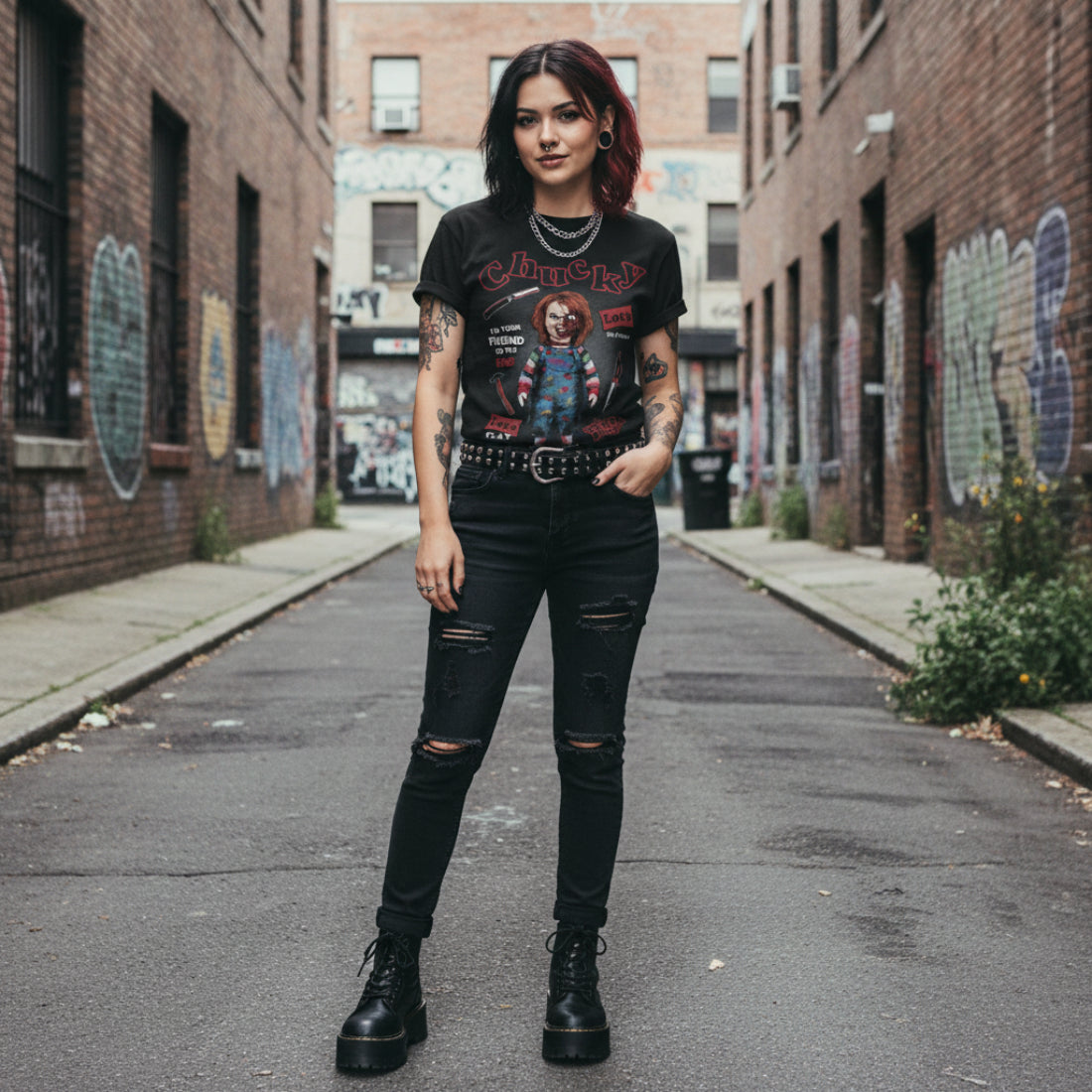 Woman wearing Black t-shirt with Chucky graphic and text CHK545S, CHK545M, CHK545L, CHK545XL, CHK545XXL, CHK545XXXL, CHK545XXXXL, CHK545XXXXXL