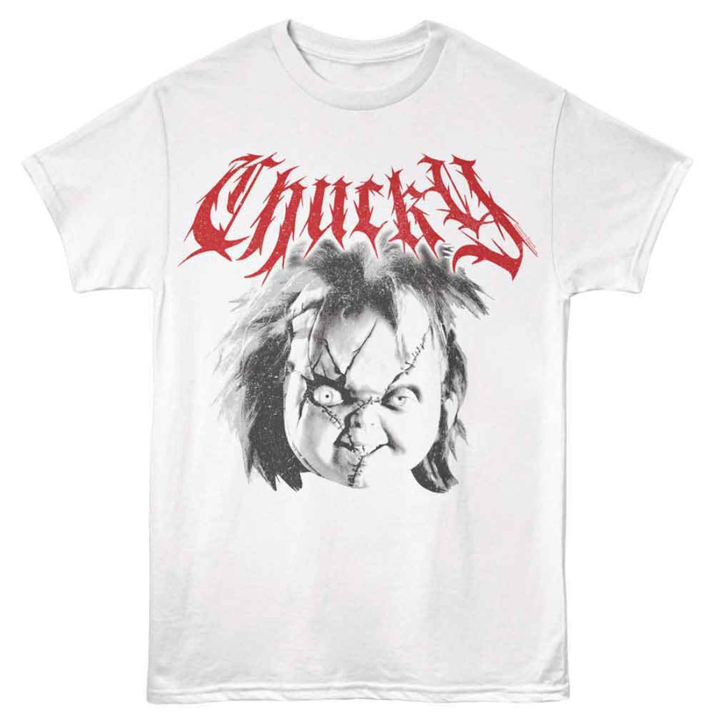 White t-shirt with a graphic of a character's face and 'Chucky' text on a white background
