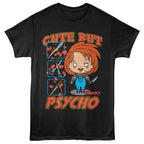 Black t-shirt with a cartoon character and text 'Cute But Psycho Chucky' on a white background