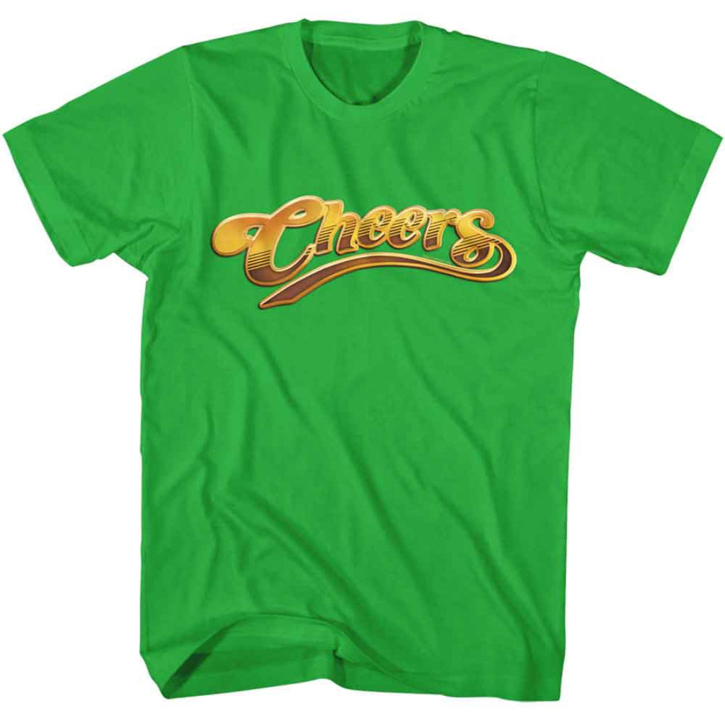 Green t-shirt with 'Cheers' text in gold on a white background