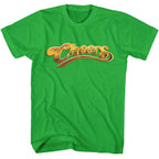Green t-shirt with 'Cheers' text in gold on a white background