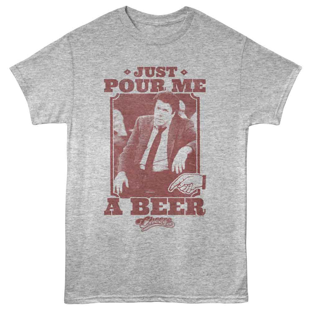 Gray Cheers t-shirt with red graphic and text 'Just Pour Me a Beer' on a white background