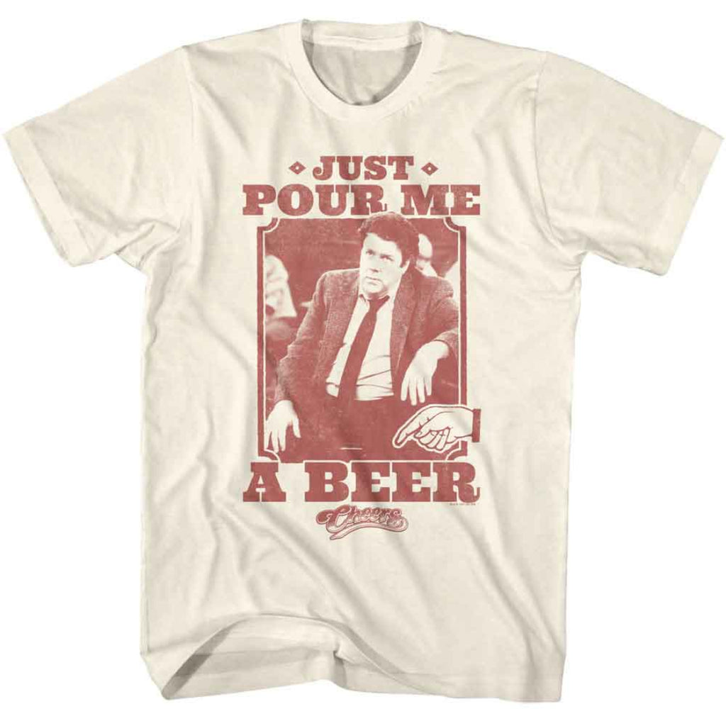 Beige Cheers t-shirt with a graphic of Norm and text 'Just Pour Me a Beer' on a white background