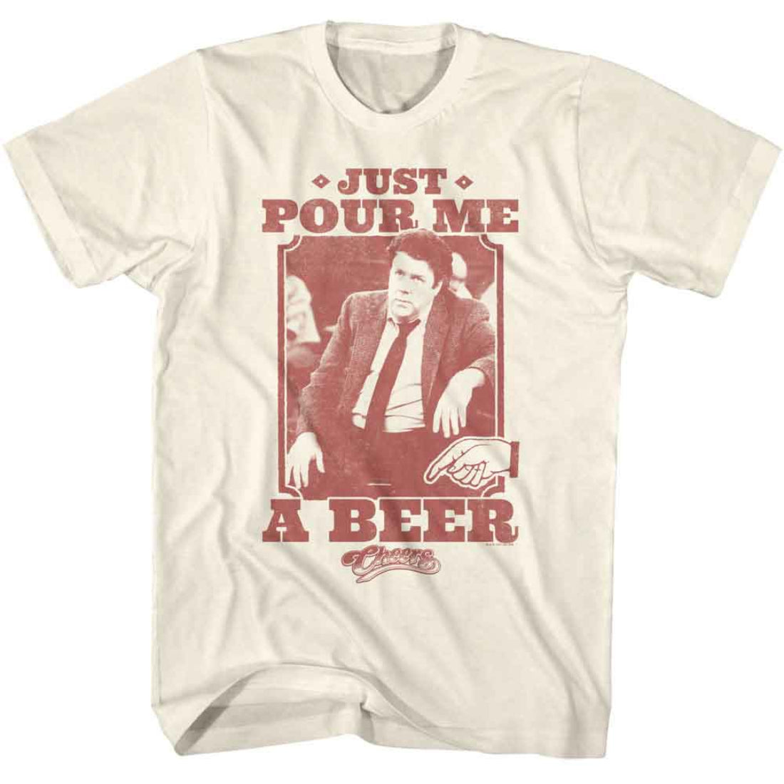 Beige Cheers t-shirt with a graphic of Norm and text 'Just Pour Me a Beer' on a white background