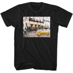 Black t-shirt with a vintage-style graphic of a city street scene and 'Cheers' logo.